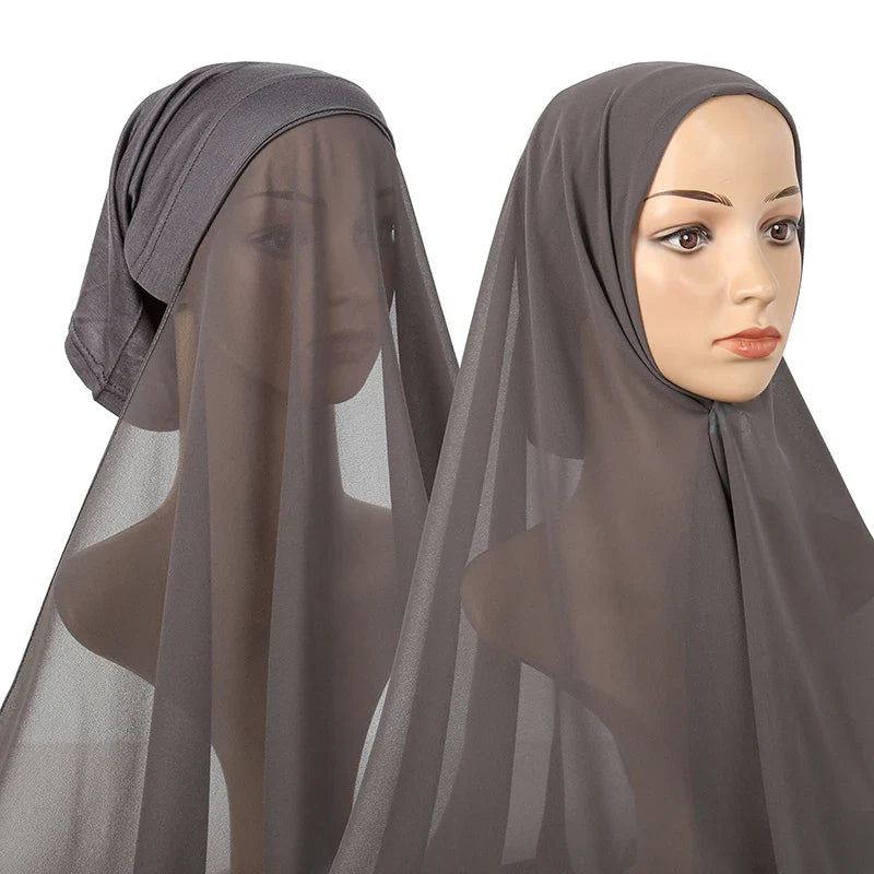 New Plain Instant Hijab Bubble Chiffon With Modal Tube Cap Set Muslim Woman Hijab Innerscarf Casual Long Scarf Islamic Turban