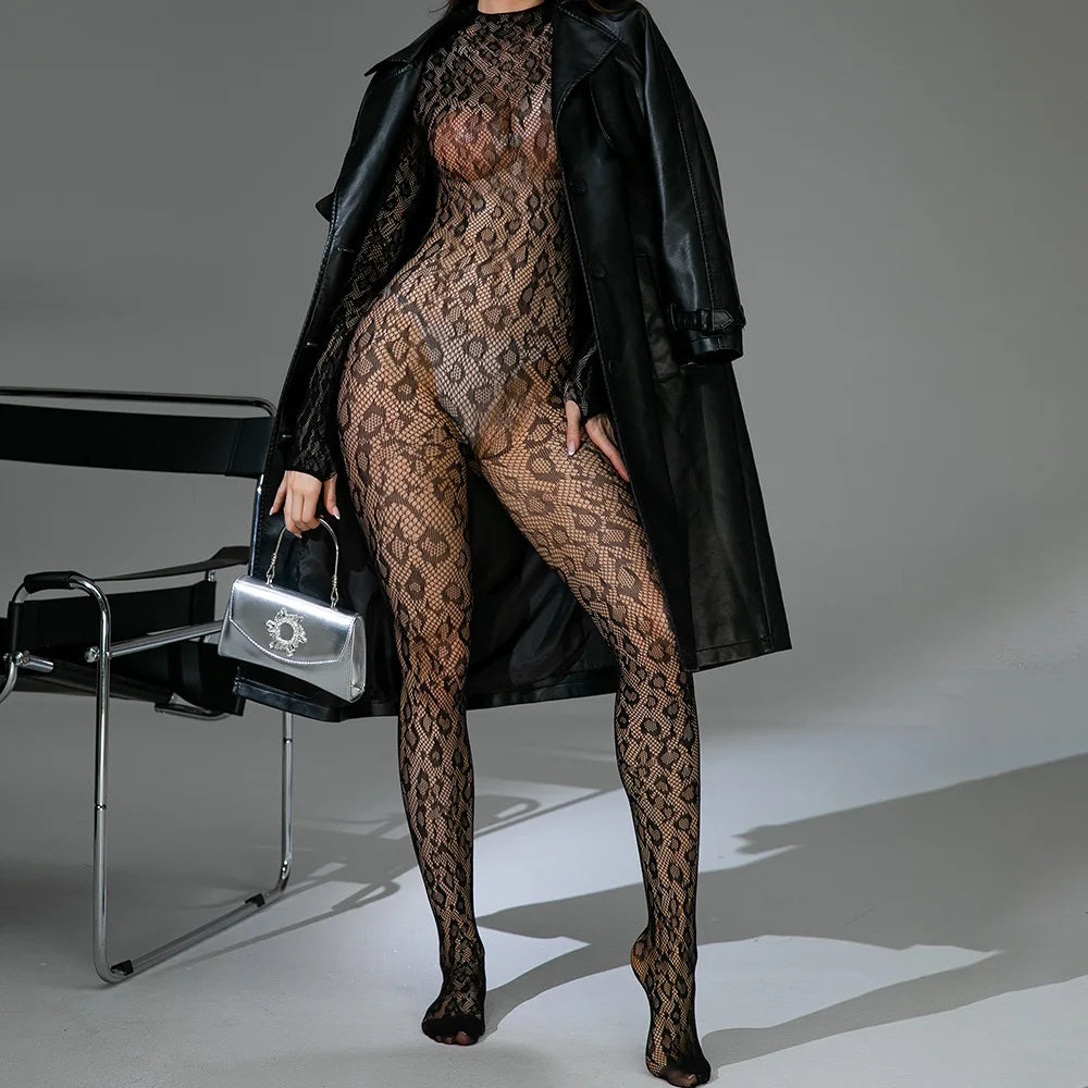 Mature European and American Women's Long Sleeved Transparent Hollow Jacquard Sexy Erotic Seductive Jumpsuit