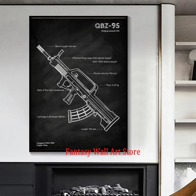 Weapons Blueprint Poster Black Board Guns Blueprint Wall Art Canvas Painting Military Enthusiast Home Room Wall Decor Gunfight