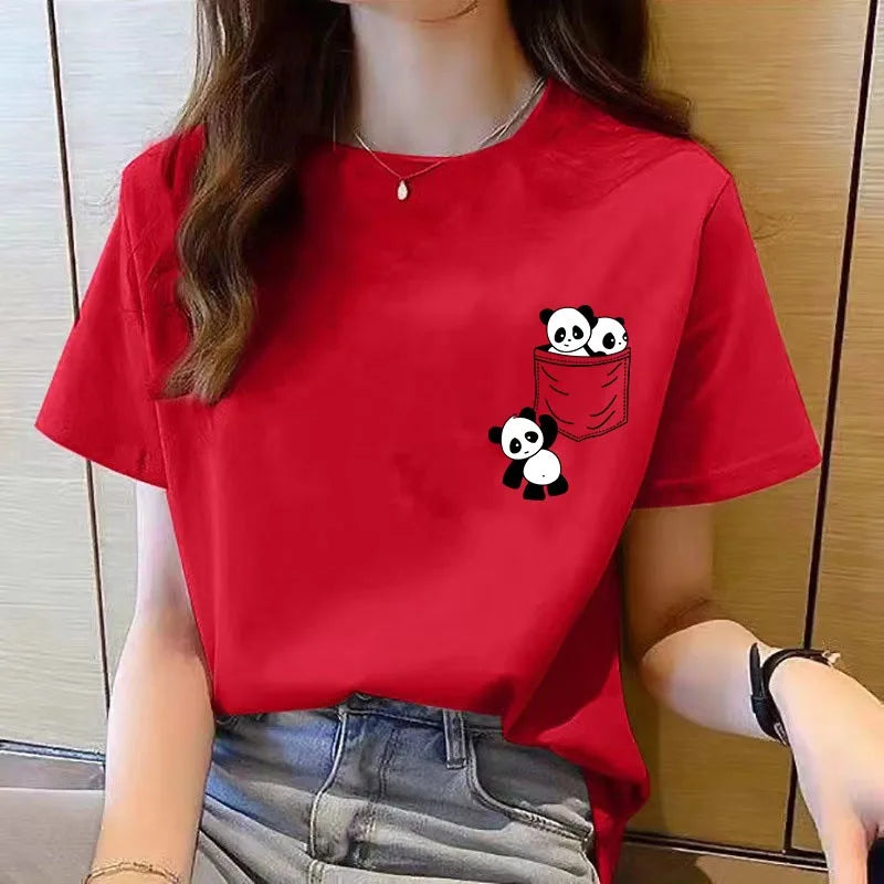 2026 Women's New Spring/Summer Fashion Trend Solid Color Short-Sleeve Panda Print Elegant Loose-Fit Crew Neck T-Shirt