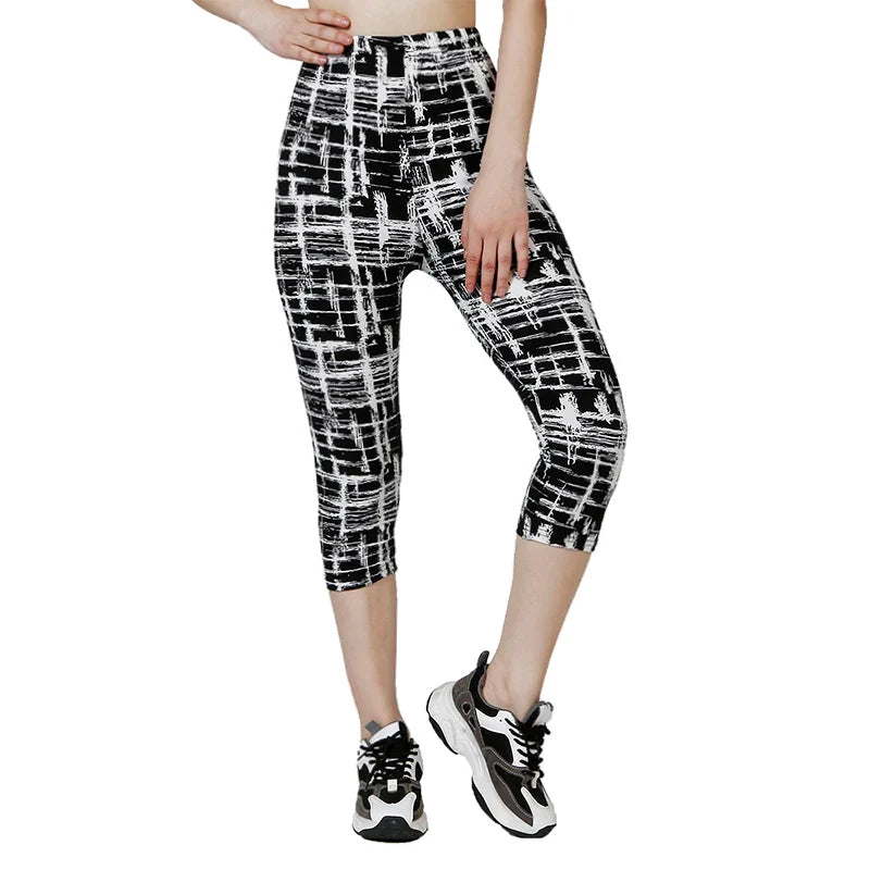QR33 Women's Summer Capris Elastic Waist Leggings Abstract Plaid Printed Leggings Fitness Breathable Sports Pants