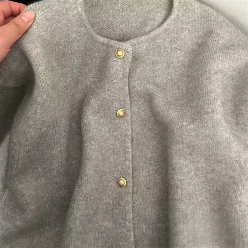 Korean Fashion Round Neck Knit Cardigan Spring Autumn Casual Long Sleeve Loose Wool Sweater for Women Knitwear Basic Coat Tops