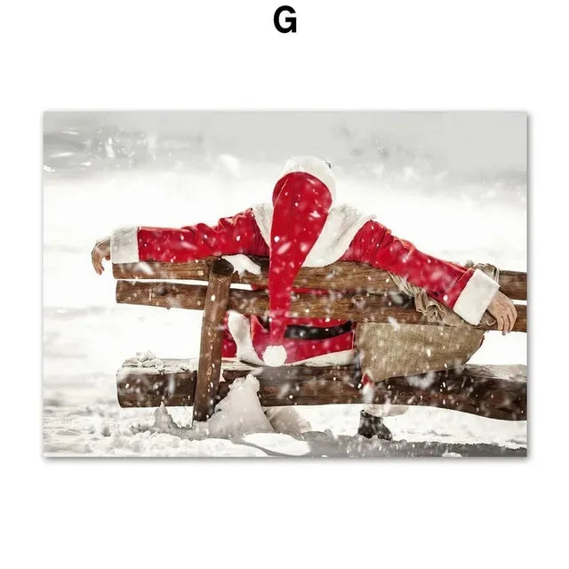 Winter Snow Scenery Picture Wall Art Canvas Painting Pine Santa Elk Poster and Print for Christmas Home Decor Living Room Design