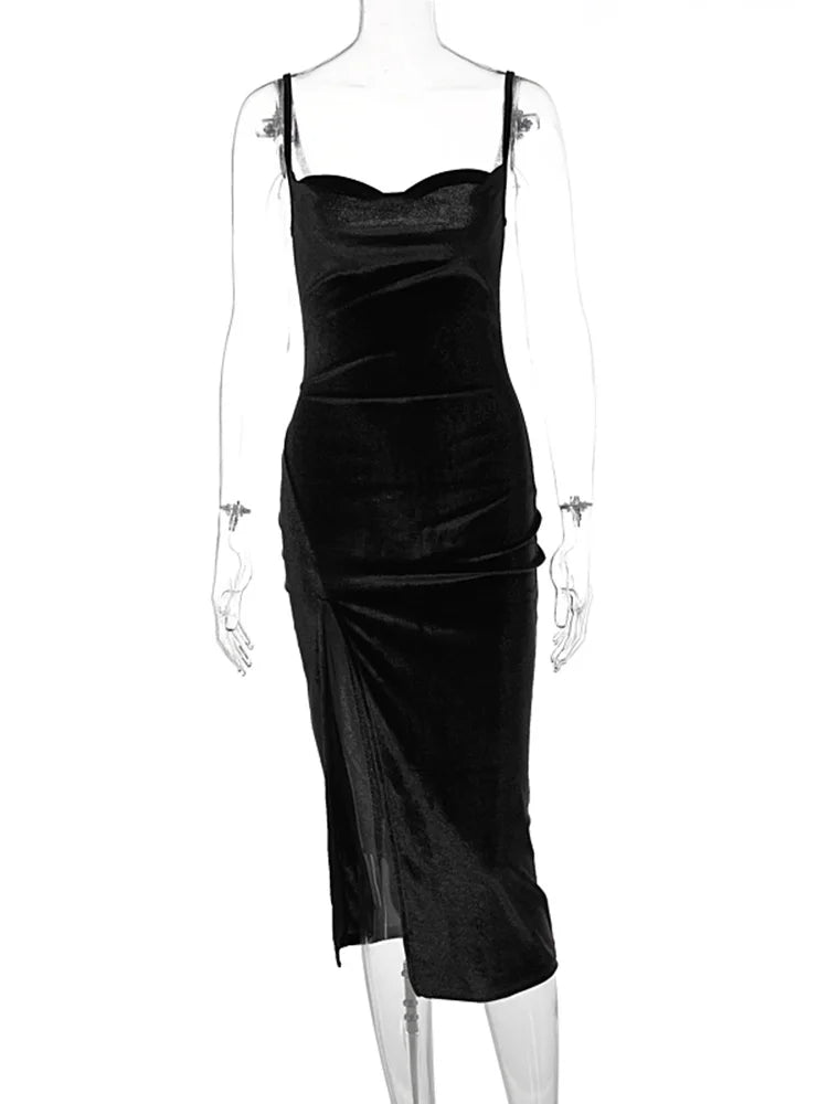 Hugcitar Velvet Swing Collar Sleeveless Slip Sexy Slit Maxi Dress 2025 New Fashion Evening Party Women Elegant Streetwear Y2K