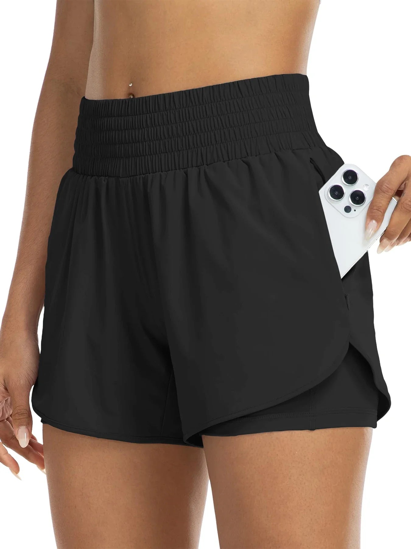 Women's high-waisted athletic shorts for running, yoga, layered design, anti-exposure, fitness, and workout with pockets