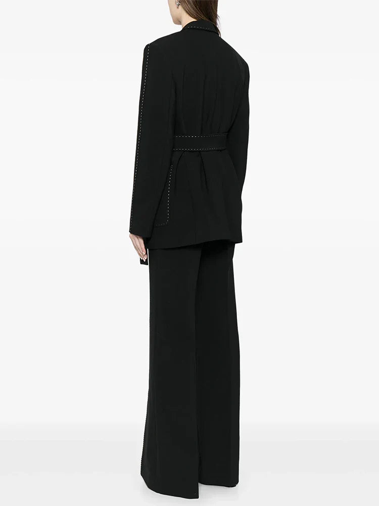 HIGH STREET Newest Fashion 2026 Designer Suit Set Women's Contrast Stitching Belted Blazer Pants Suit 2pcs