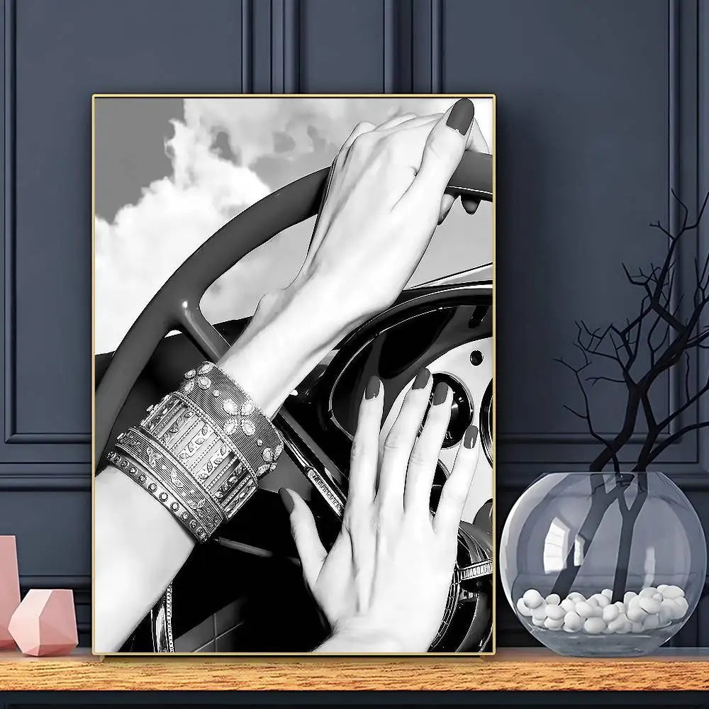 Modern Luxury Fashion Black White Art Heels Champagne Retro Poster Sticky Wall Art Printing Waterproof Home Living Bed Room Bar