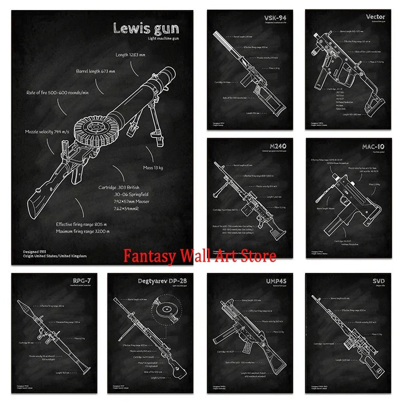Weapons Blueprint Poster Black Board Guns Blueprint Wall Art Canvas Painting Military Enthusiast Home Room Wall Decor Gunfight