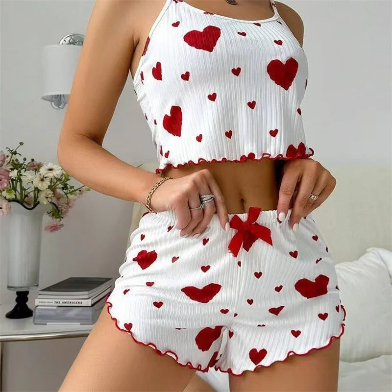 5 Size Choose S M L XL 2XL Women's Pajamas Set Straps Sleepwear Vest + Shorts Red Heart Print Nightwear Sexy Lingerie