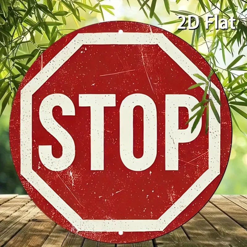 [2D Flat] Vintage Stop Sign Aluminum Wall Art -Round Retro Traffic Symbol Poster, Perfect for Bar, Cafe, Beach House