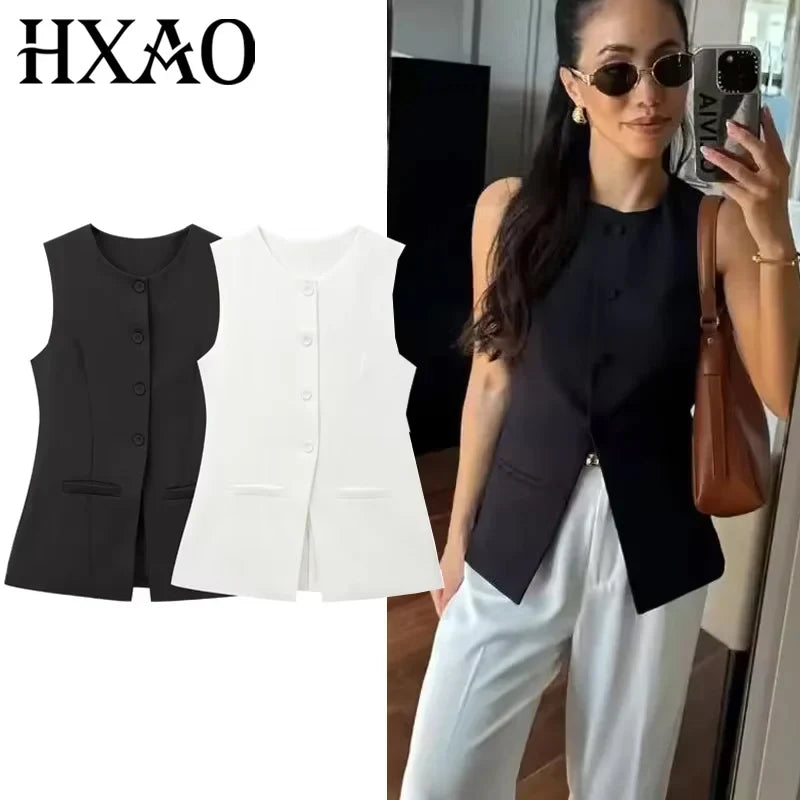 HXAO Woman Vest Outerwears Sleeveless Long Vests For Women Office Casual Women's Suit Vest Autumn Button Black White Vest