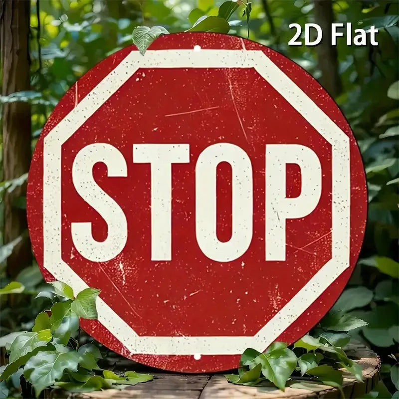 [2D Flat] Vintage Stop Sign Aluminum Wall Art -Round Retro Traffic Symbol Poster, Perfect for Bar, Cafe, Beach House