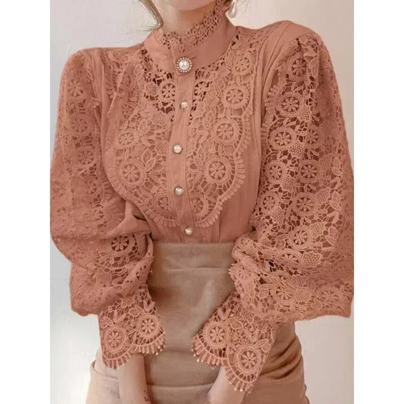 New Women's Long Sleeve High Neck  Chic Blouse, Lace Paneled Hollow Sleeve Elegant Top, Vintage Fashion Office Lady Outfits