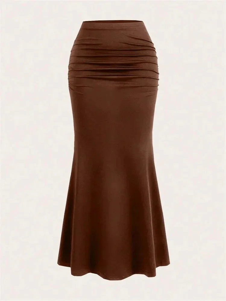 Solid Bodycon Ruched Long Skirt Women Sexy Black Elastic Elegant High Waist Mermaid Maxi Skirts Summer Streetwear