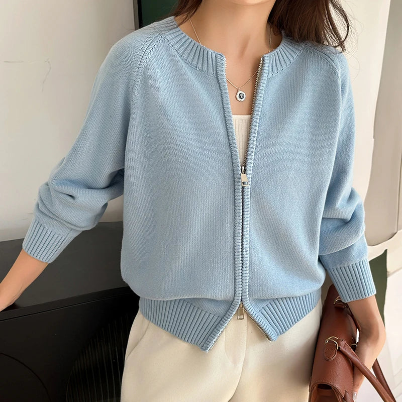 YTFidio 100% Cotton Women O-neck Thick Zipper  Solid Cardigan Luxury Designer Clothing Woman Pullover Female Tops 401