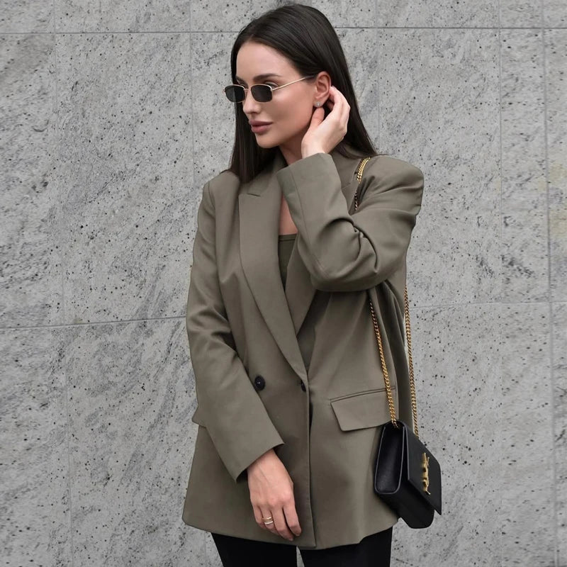 HXAO Blazer Women Double Breasted Pocket Women's Jacket 2025 Long Sleeve Casual Blazers Woman Chic Office Wear Ladies Coat