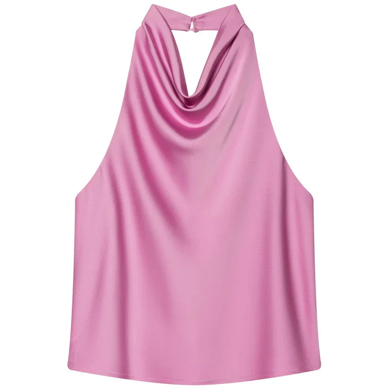 HXAO Top Women Halter Satin Women Tops Backless Corset Top Vest Yellow Pink Black Summer Elegant Sexy Tops Tank Vestidos
