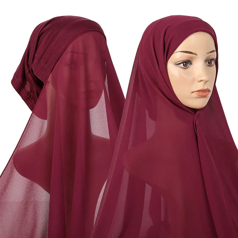 New Plain Instant Hijab Bubble Chiffon With Modal Tube Cap Set Muslim Woman Hijab Innerscarf Casual Long Scarf Islamic Turban