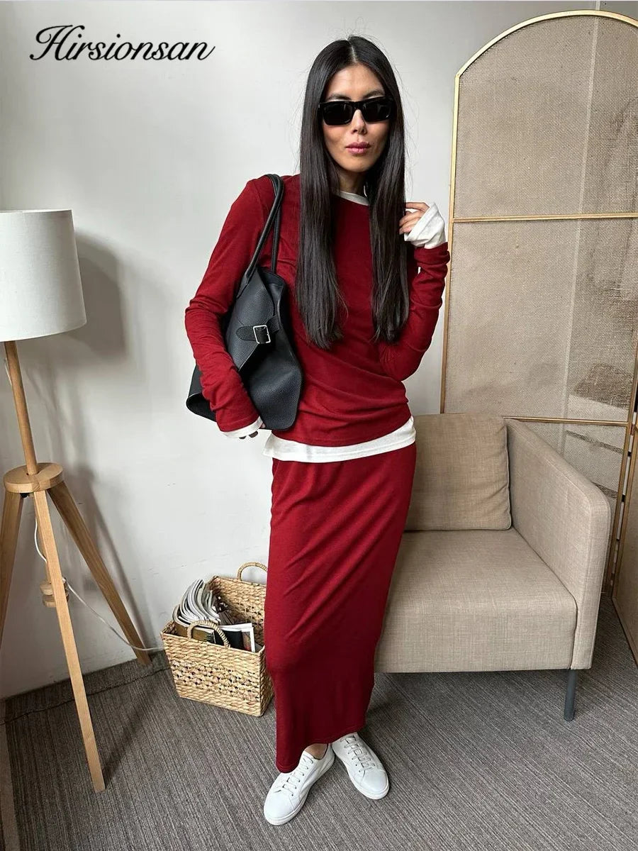 Hirsionsan Modal Soft Loose Sets Women 2026 Casual Two Pieces Long Sleeve T Shirts and High Waist Dresses Outfits Tracksuit