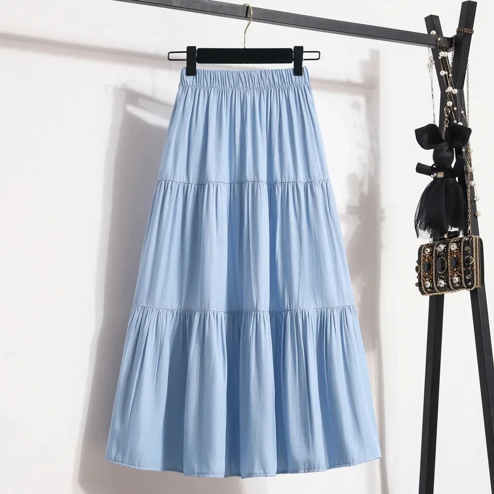 Spring Summer Women Skirts Vintage High Waist Elastic Patchwork White Black Chic Long Cake A-line Skirt