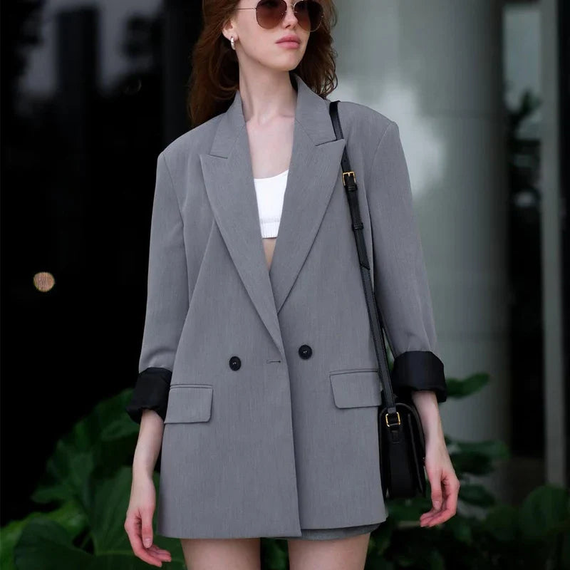 HXAO Blazer Women Double Breasted Pocket Women's Jacket 2025 Long Sleeve Casual Blazers Woman Chic Office Wear Ladies Coat