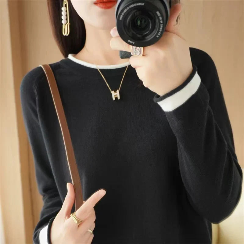 100% Cotton Knitwear Women's Round Neck Sweater Spring And Summer New Loose Color Matching Cotton And Linen Bottoming Shirt