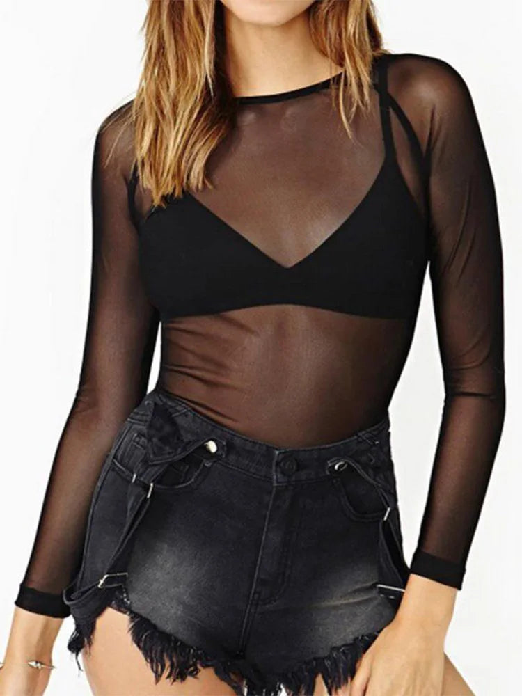 Hot New  Spring Summer Womens Long Sleeve Sexy Black Mesh Top T Shirts Transparent Punk Club Streetwear Tees Beach Tops