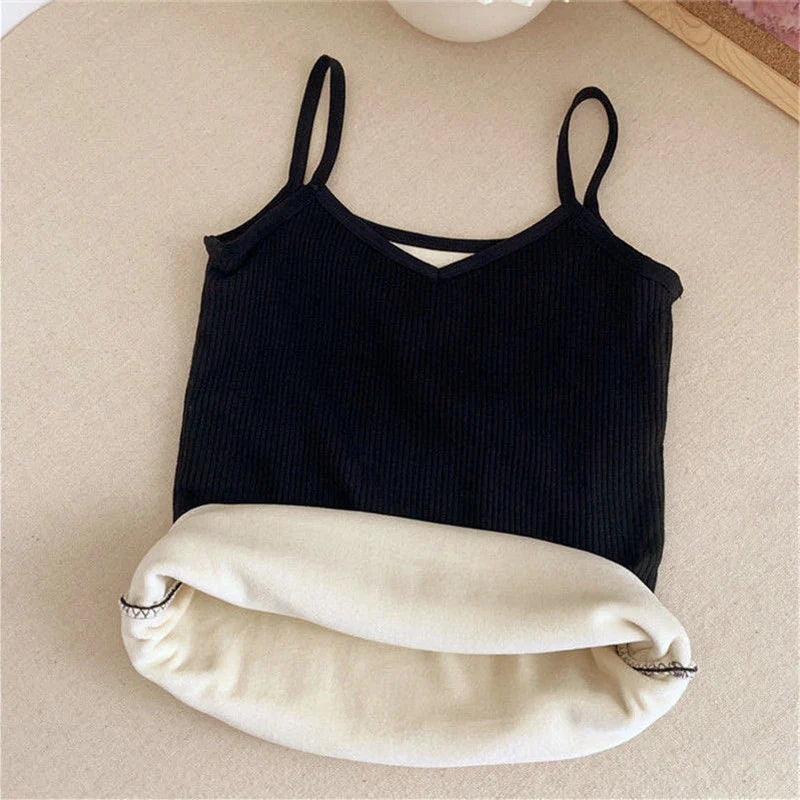 Women Sexy Solid Color Tops Thermal Casual Comfortable Elasticity Crop top Black Thin Velvet Sleeveless  Underwear Tank Top