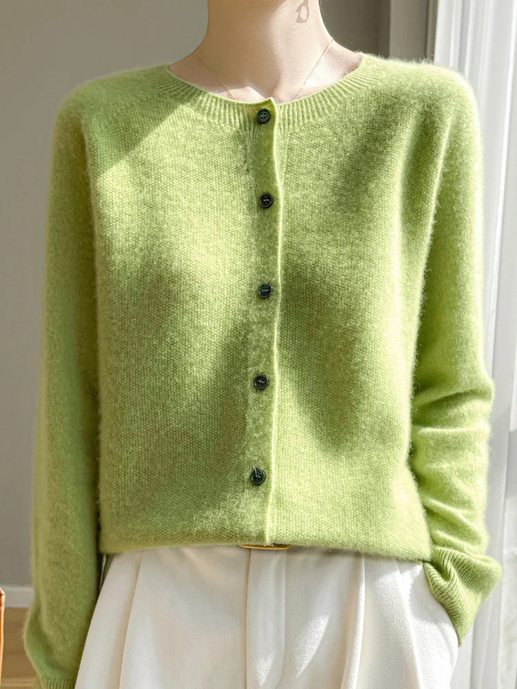 Women 100% Merino Wool Cardigan Soft O-Neck Cashmere Sweater OL Buttoned Knitwear Casual Top Clothing Korean Style