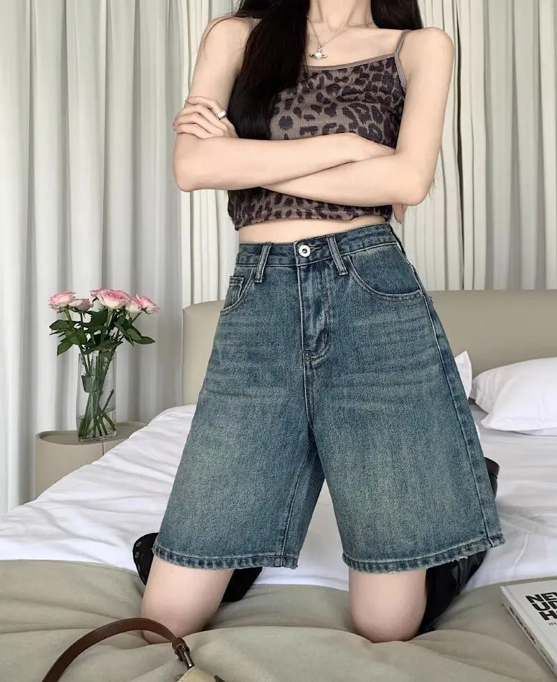 Denim Shorts Women Summer Loose Button Zipper Pockets Vintage Retro High Waist Korean Style Casual Cozy Solid Simple All-match