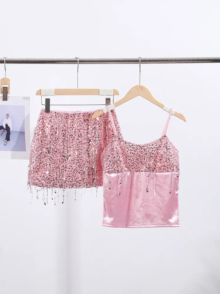 Sexy Tassel Chains Women's Set Elegant Solid Sequins Hip Package Female Party Mini Skirts Summer Holiday Lady Outfit Beachwear