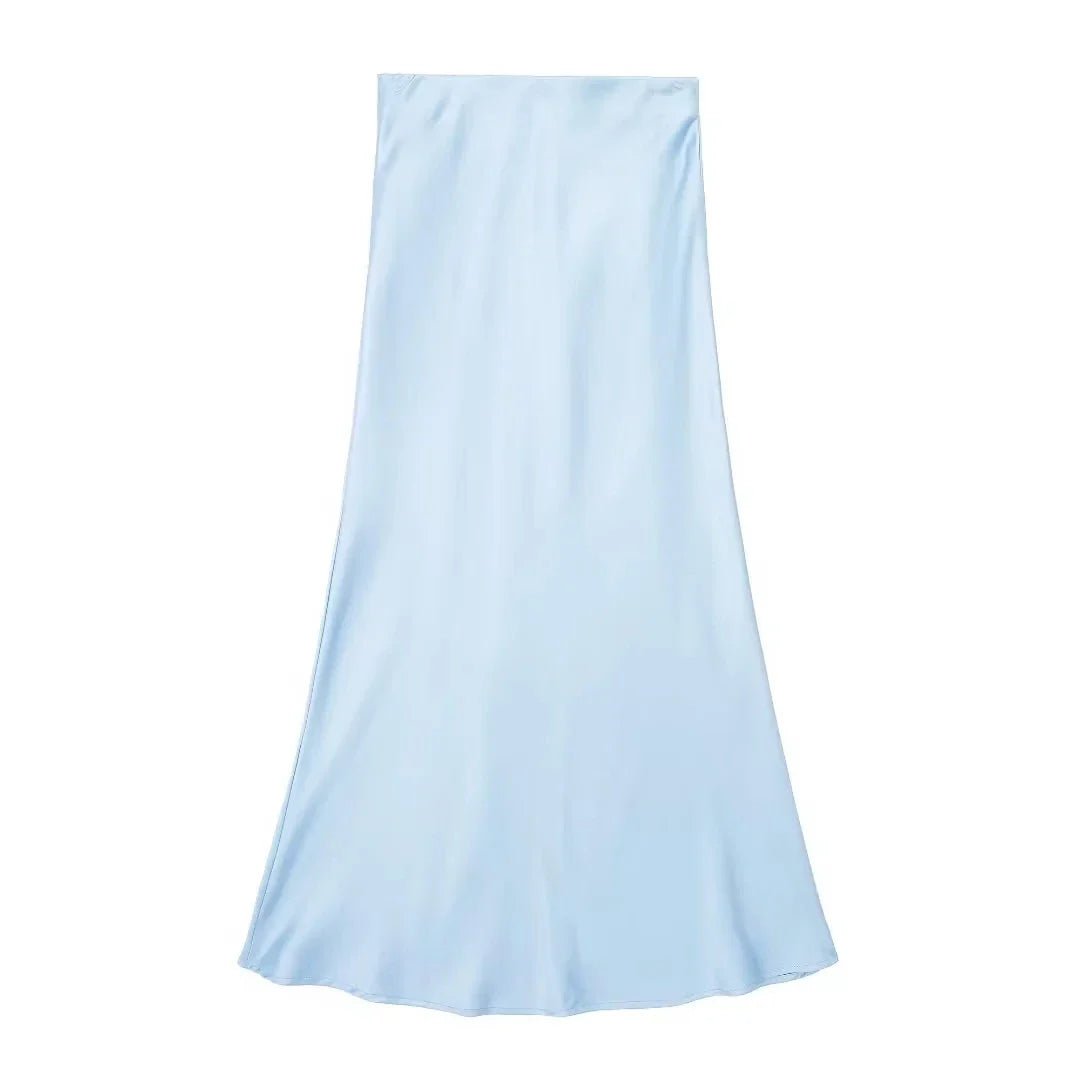 HH 2024 Y2K Casual Women Long Skirt Spring Elastic High Waisted A-Line Casual Female Satin Skirts High Street Lady Skirts