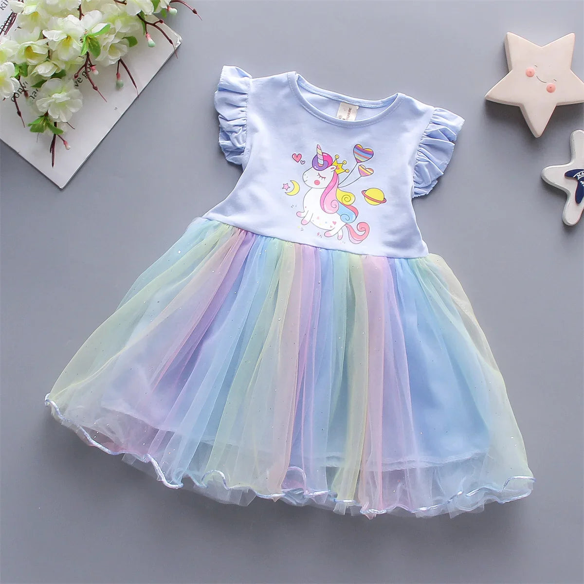 A Cute Girl'S Dress From 0 To 3 Years Old In Summer Sleeveless Love Trojan Horse Print Patchwork Rainbow Mesh Daily Casual Dress