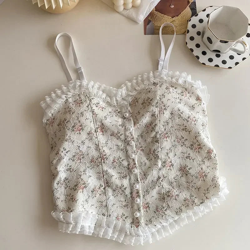 French lace sexy floral vest with a beautiful back wrapped around a solid-color casual halter sleeveless sweet vest underwear