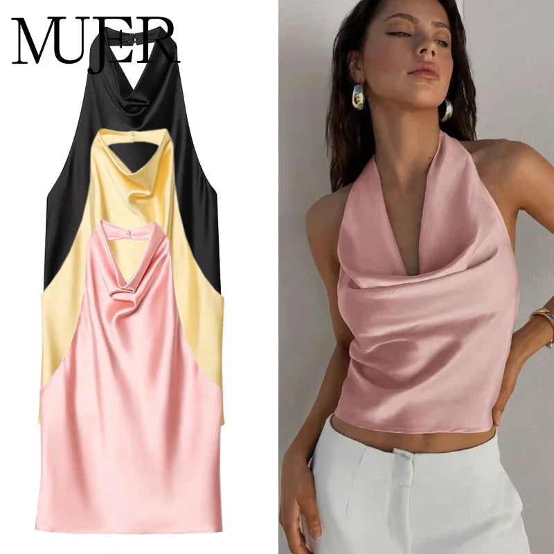 MUJER Satin Halter Tops Woman 2026 Sexy Backless Tops for Women Camisole off Shoulder Summer Top Women Pink Black Top Female