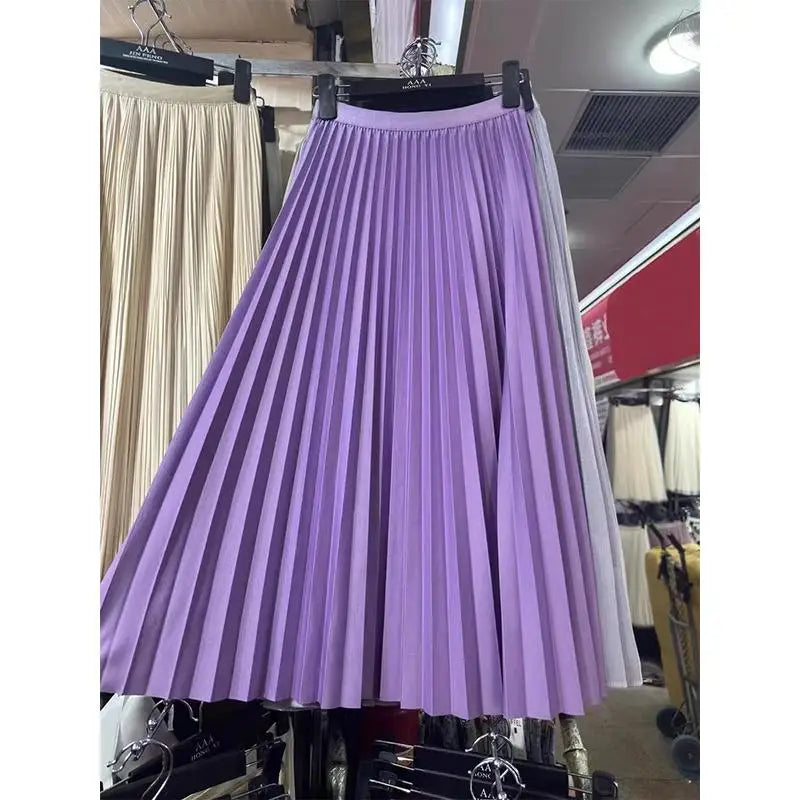 2026 Elegant High Waist Pleated Skirt for Women Mid-long Midi Skirt Female High Quality Black Saia