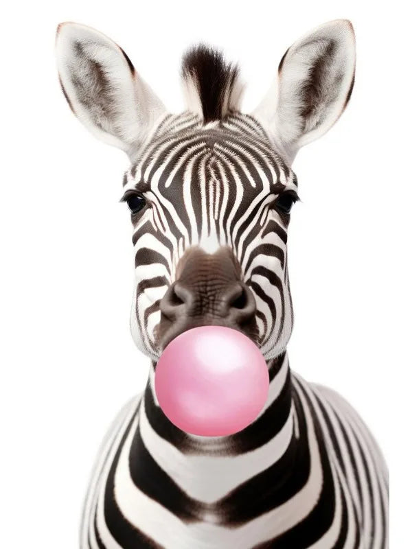 Cute Pink Panda Giraffe Bunny Cheetah Zebra Blowing Bubble Gum Poster Nursery Canvas Painting for Kids Room Animal Print Decor