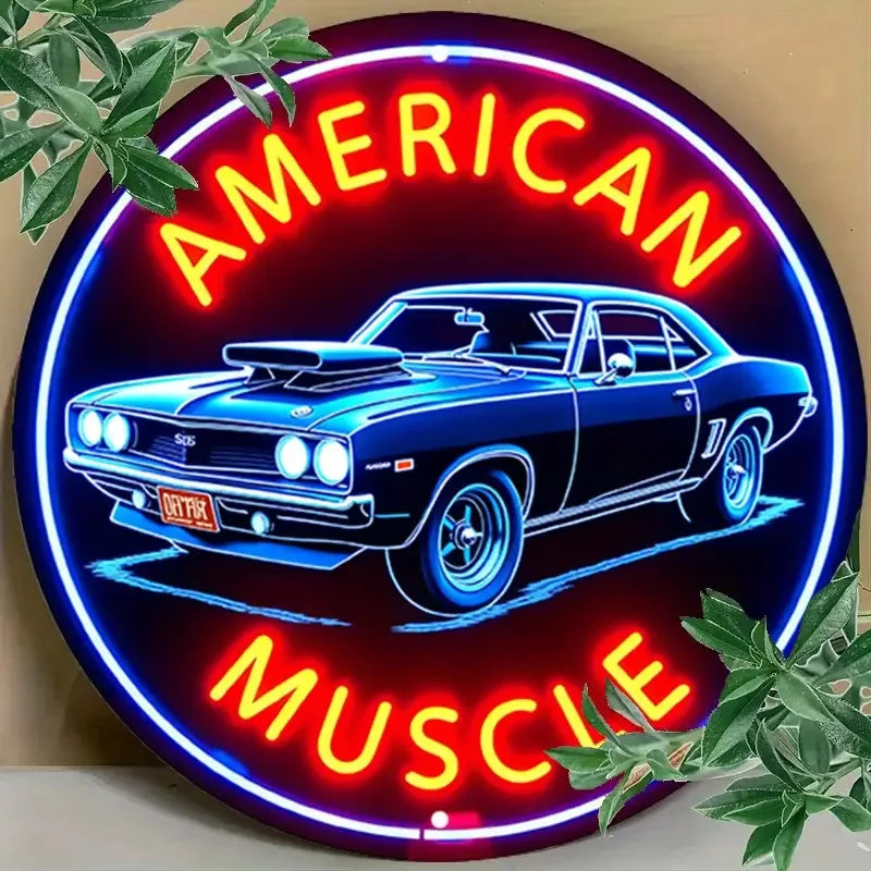 1pc Vintage-Inspired American Muscle Car Neon Sign Round Aluminum Wall Art With Sleek Edges, Bright Red & Blue, Perfect For Cafe