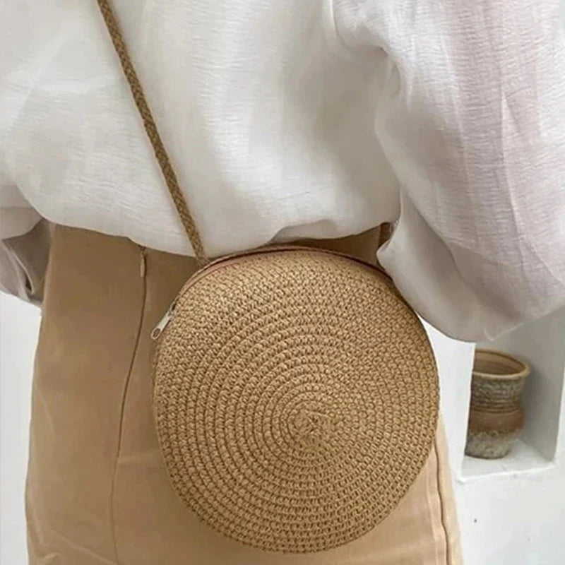 Summer Round Straw Bag For Women Woven Handmade Shoulder Bag New Travel Rattan Beach Bag Casual Style Crossbody Bag Handbag Purs