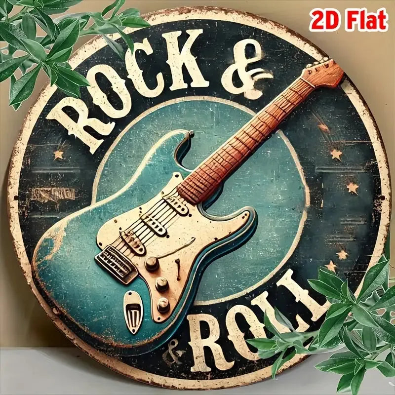 2D FLAT 1pc, Round Rock & Roll Guitar Themed Aluminum Metal Tin Sign, Foil Engraved Wall Art Decor for Home & Office