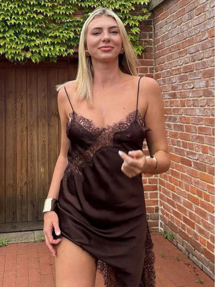 Satin Sexy Lace Spliced Short Sling Dress Women Sleeveless Backless Asymmetric Sexy Party Dresses 2026 Summer Lady Dress ﻿