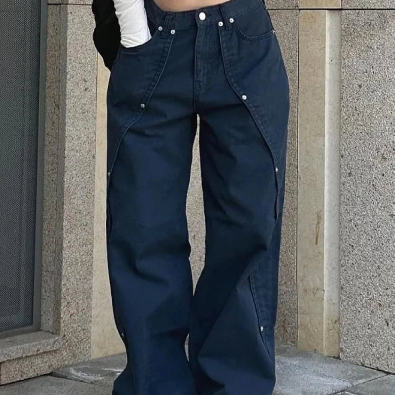 Jeans for Woman Y2k Clothes Relaxed Loose Fit Wide Leg Trousers Vintage American Retro Style with Rivet Patchwork Split Design