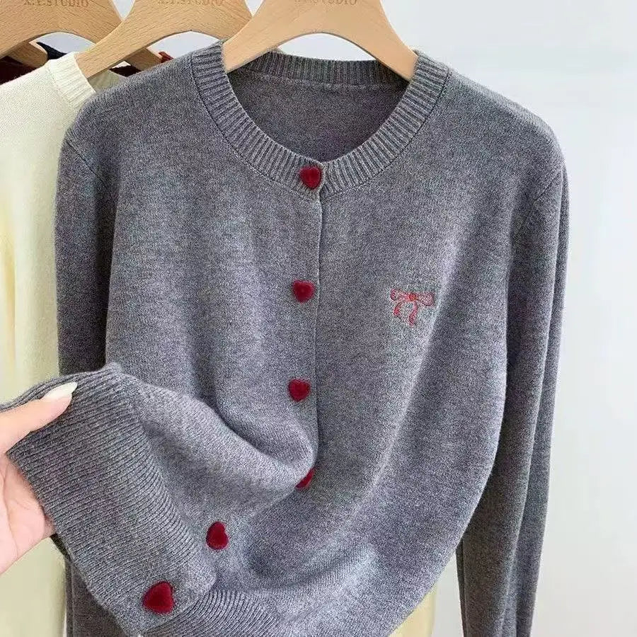 2026 Women Knitted Cardigan Bow Embroidery O-Neck Single Breasted Heart-shaped Button Sweater Korean Casual Solid Knitting Tops
