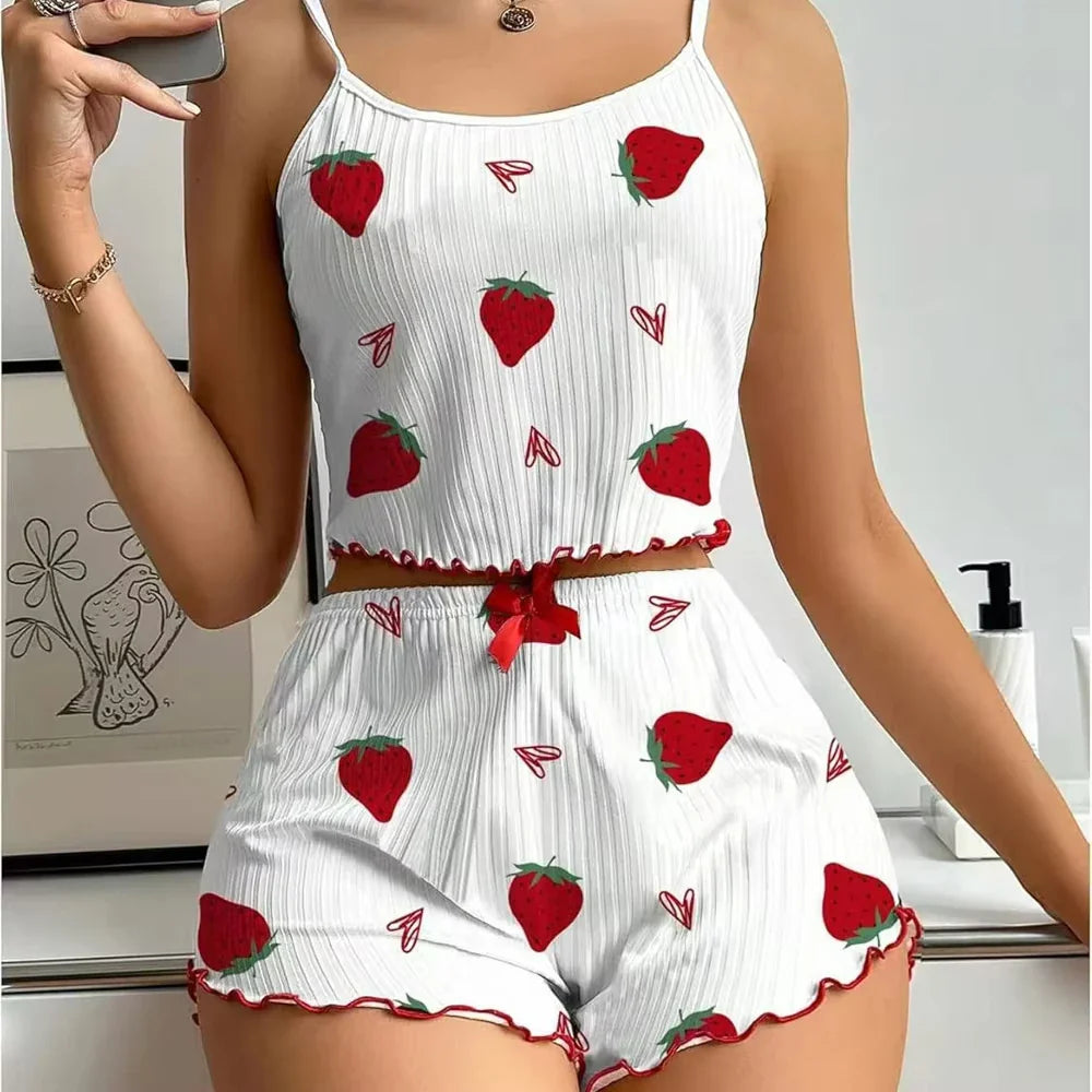 Women's Strawberry Print Ribbed Knit Ice Silk Camisole Pajama Set Comfortable Two-Piece Sleepwear for Summer