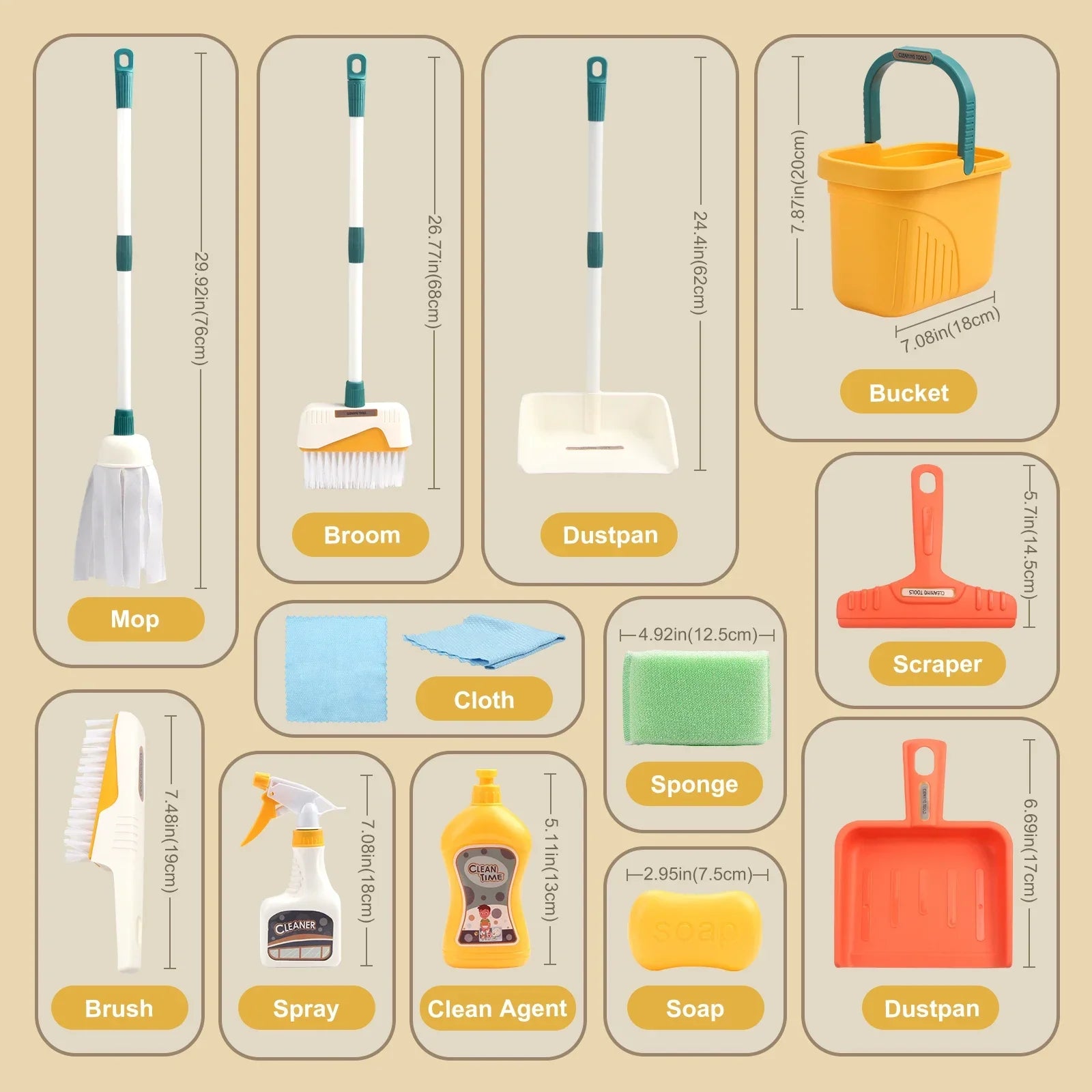 12pcs/set Kids Cleaning Set Housework Supplies Kit Play House Toys with Dustpan Broom Bucket Mop Cleaning Set for Girls & Boys
