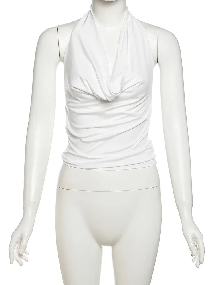 Nibber Swing Collar Vests Women Backless Halter Folds Skinny Street Versatile Daily Fashion Sexy Summer Temperament Mini Tops