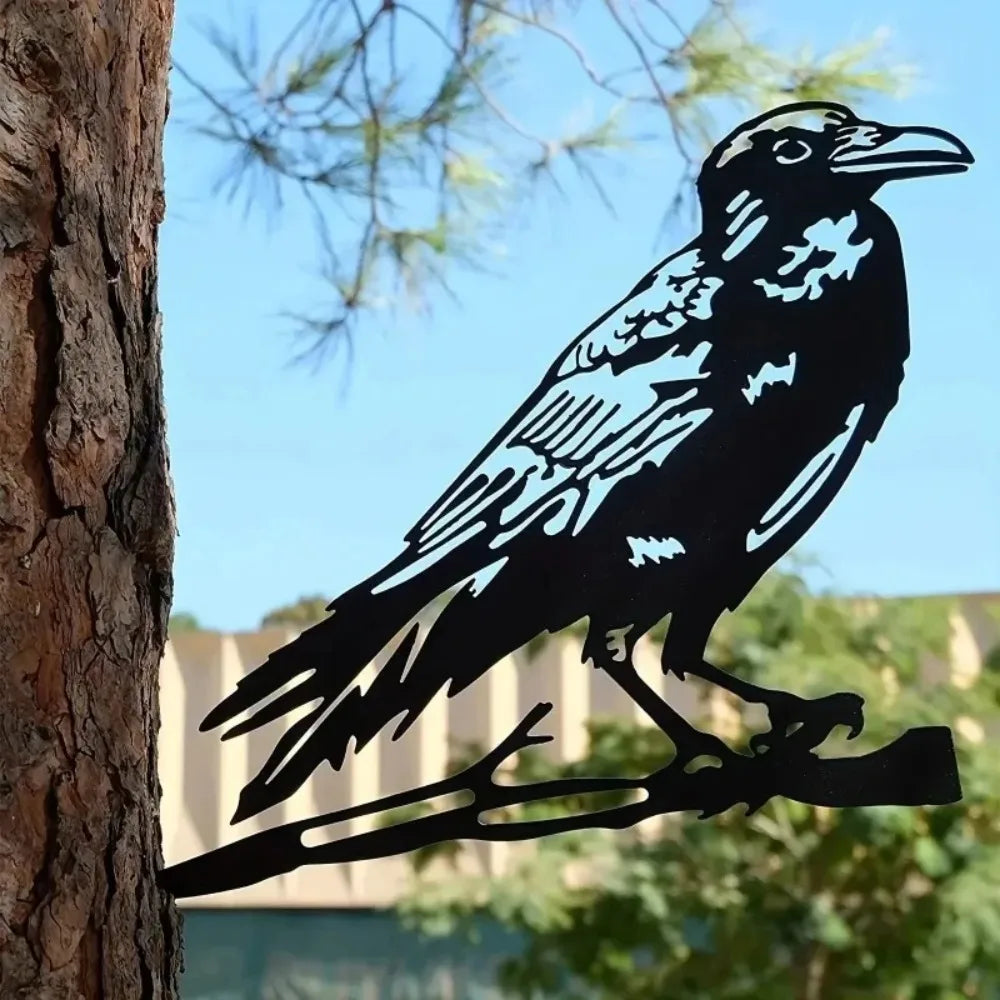 Metal Bird Tree Yard Decor - Crow & Owl Silhouette Steel Art Sculpture, Weather-Resistant Outdoor Garden Decor