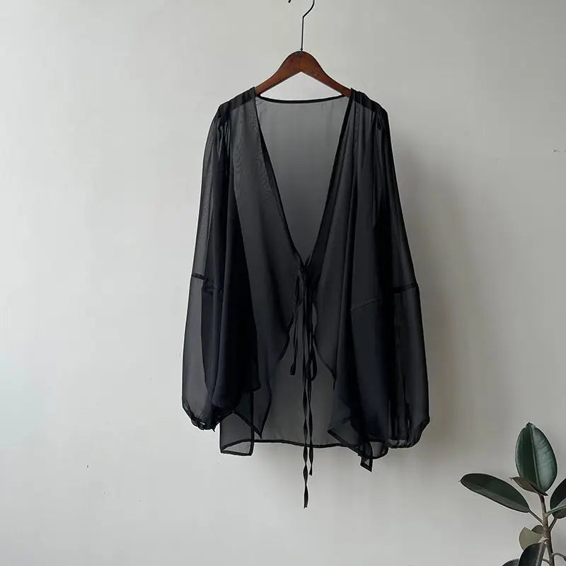 Shirts Women V-neck Loose Long Sleeve Open Stitch Korean Style Lace-up Simple Solid Summer Chiffon Breathable Minimalist Stylish