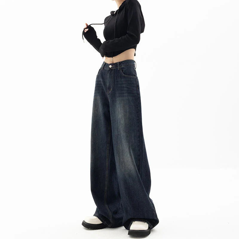 Women's Retro Street Style High-Waisted Wide Leg Pants Floor-Length Niche Design Loose Fit Slimming Jeans