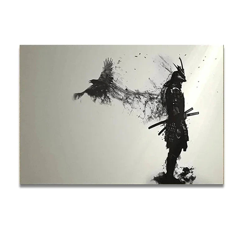 Black and White Japanese Black Samurai Man with Crow Posters and Print Wall Art Canvas Painting for Living Room Cuadros Decor
